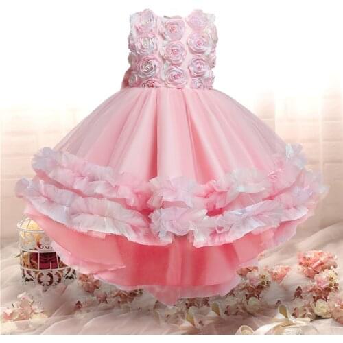 Flower Appliques Lace Princess Dress For Girls Kids Evening Wedding Bridesmaid Clothing Children Elegant Party Tutu Ball Gown