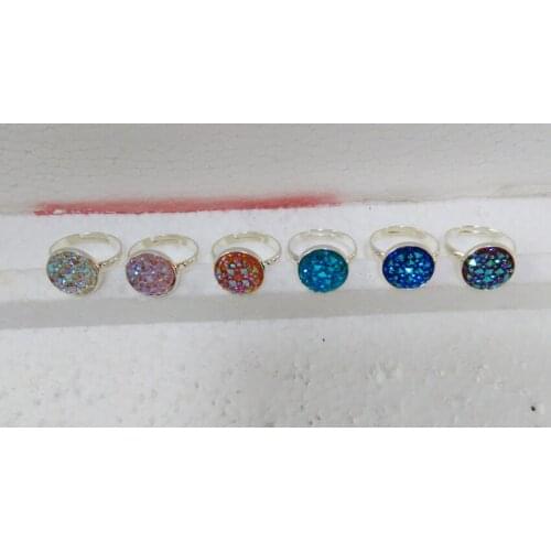 Assort 6 Colors 12mm Silver color Druzy Rings , Druzy Beads Ring For Boho Jewelry Promotion
