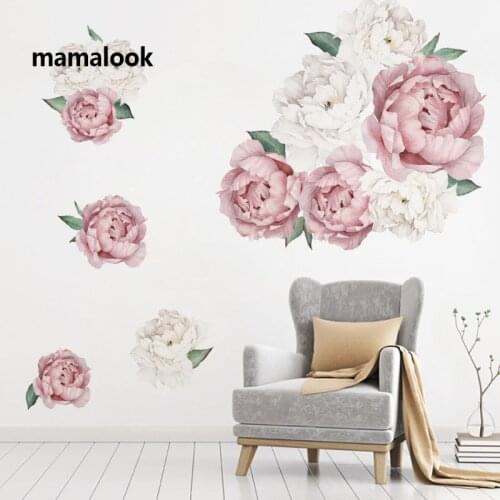 Pink white watercolor peony Flowers Wall Stickers for Kids Room Living Room Bedroom Home Decoration Wall Decal Home Decor Floral