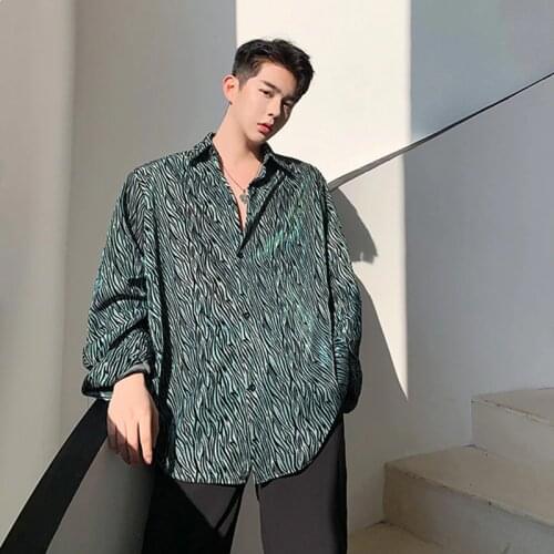 Korean Style Fashion Mens Green Black Leopard Long Sleeve Loose Casual Shirts For Hair Stylish Singer Tops Spring Summer
