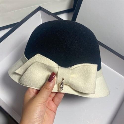 Lady Winter Luxury Bow-tie Cloche Hats Woman Party Formal Handmad Wool Felt Fedora Hat For Holiday