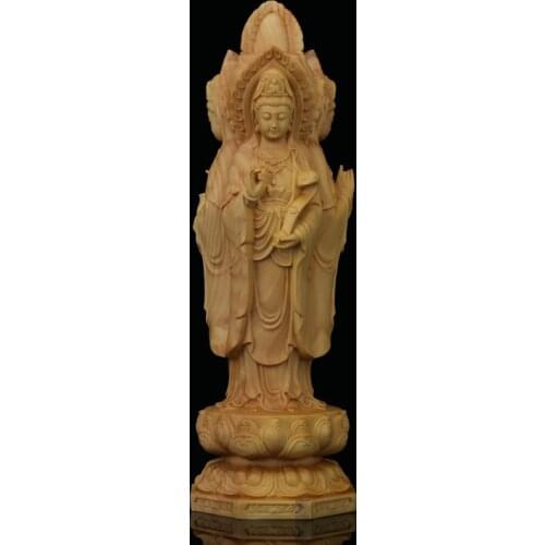 Boxwood 20cm Guanyin Sculpture Wood Buddha Statue Three Face Guan Yin with Boy Home Decor