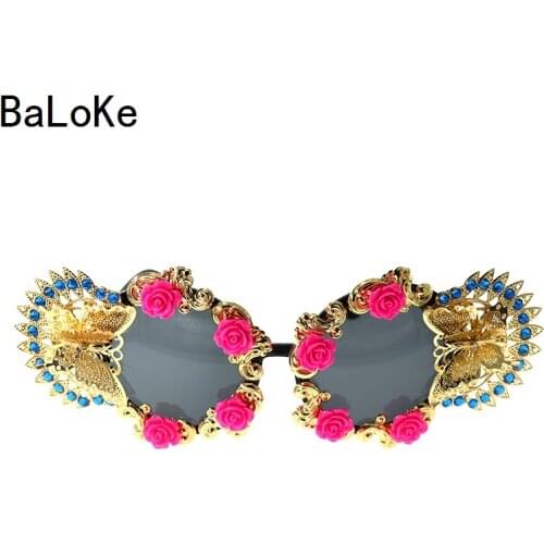 Baroque Personality Women Summer Flowers Retro Sunglasses Cat Eye Sunglasses For Ladies Brand Designer Oversize Sunglasses