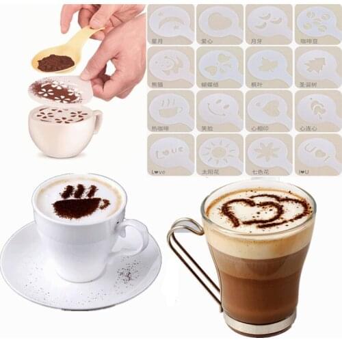 16PC Coffee Stencils Fancy Coffee Printing Model Foam Spray Cake Stencils Coffee Drawing Cappuccino Mold Powdered Sieve Tools