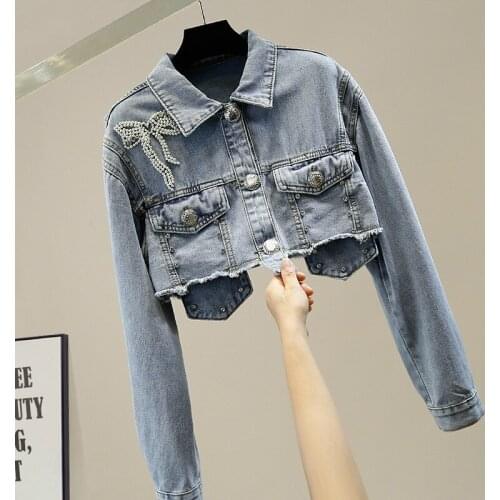 Cropped Jean Jacket for Women Beaded Diamond Fashionable Irregular Burr Short Jeans Coat Womens Cool Pocket Denim Top