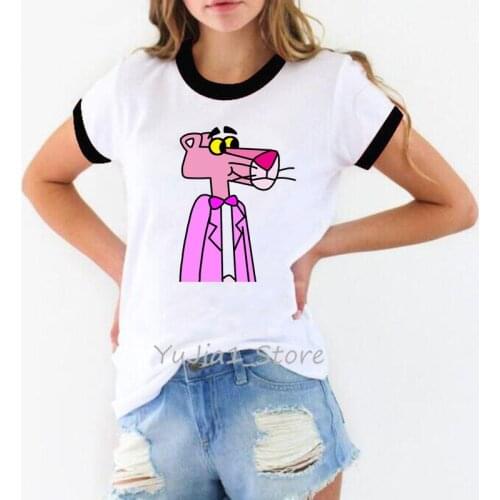 Cute Cartoon Pink Panther Women T-shirt Spring Summer New Short Sleeve O Neck Funny T shirts Femme 90s Women Tops streetwear