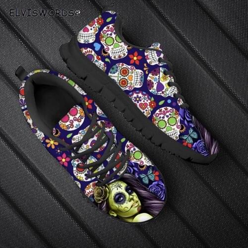 ELVISWORDS Sugar Skull Floral Pattern Casual Ladies Lace Up Womens Walking Shoes Female Non-slip Flat-Shoes zapaotos de mujer