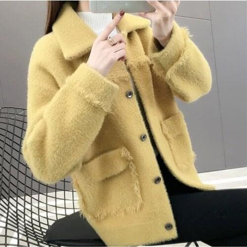 Women 2021 Autumn Winter Long-Sleeve Faux Mink Fur Female Loose Thick Cardigan Fashion Solid Imitation Cashmere Knit Outwear