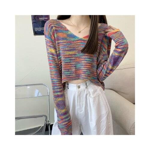 Sweaters Women Rainbow Stripes Patchwork V-neck Pullover Knitting Cropped New Casual Colorful Popular Sexy College Knitwear Tops