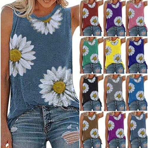 2021 womens clothing hot sale Daisy digital printing round neck womens sleeveless top vest sling