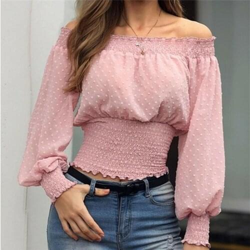 Off Shoulder Blouse Women Sexy Elegant top Fashion Casual Long Sleeve Shirt OL Crops Clothes Strappy Summer Female Clothes S-XXL