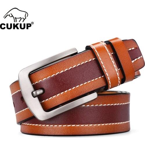 CUKUP Design Quality Patchwork Striped Pattern Cow Skin Leather Belts Alloy Clasp Buckle Metal Belt Men Jeans Accessories NCK826