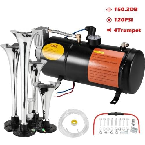 150DB 4 Trumpet Loud Train Air Horns Kit For Trucks Cars Van Boats Most 12V Vehicles With Powerful 120 PSI Air Compressor Parts