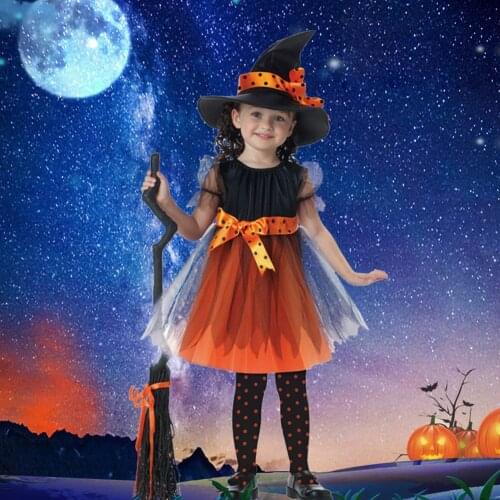 Children Girls Halloween Cosplay Witch Costume Teens Baby Girl Gown Infant Witch Dress Clothing Set Hat Pumpkin Bag Pantyhose