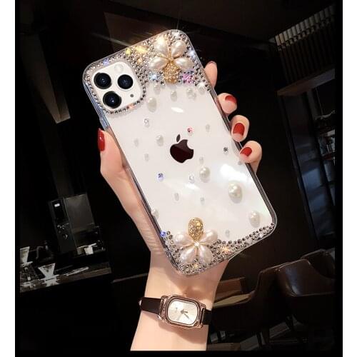 For Iphone 12 Mini 11 Pro XS Max XR X 8 7 6 6S Plus SE Fashion DIY Bling Pearl Diamond Flower Clear Back Phone Case Cover