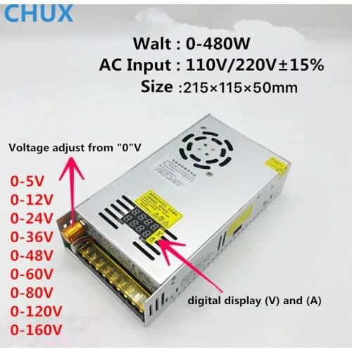 CHUX 480w Switching Power Supply 5V12v 24v 36v 48v 60v 160V Adjustable display AC-DC Converter 80v 120v 220V LED Power Supply