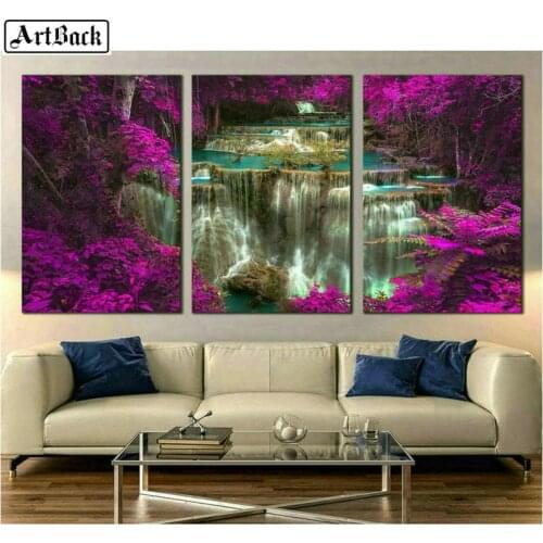 ArtBack three fight 5d diamond painting creek stream scenery full square purple tree waterfall 3d diamond mosaic 20x25cm