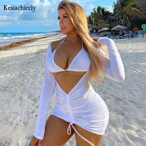 Kesiachiccly Long Sleeve Ruched Bodycon Dress Women V Neck Bandage Mini Dresses Autumn White Skinny Stretchy Party Vestidos