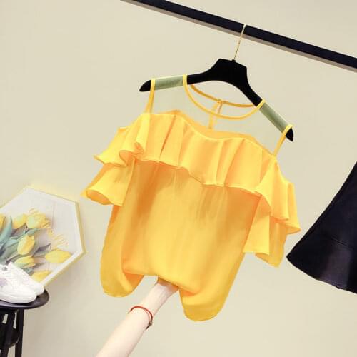 Summer fashion chiffon shirt women 2021 new off-shoulder western short-sleeved shirt loose and thin ruffled bottoming shirt