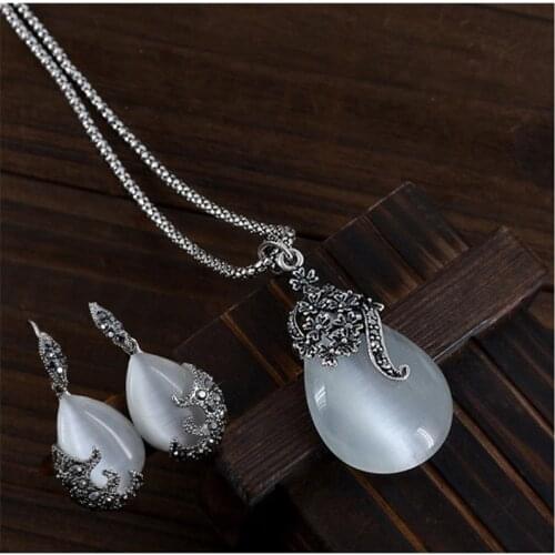 Vintage Water Drop Pendant Necklaces Earrings Set Silver Wedding Engagement Jewelry Sets for Women