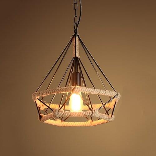 Upgrade diamond shaped iron cage pendant lights with hemp rope rapped, retro Loft industrial iron lamp led bulb Scandinavian