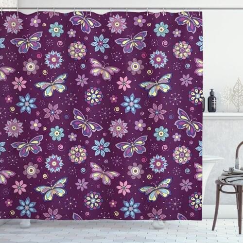 Plum Butterfly Shower Curtain Set Bohemian Retro Floral Moths Curtain for Bathroom Decor 12 Hooks Decorative Bath Accessory