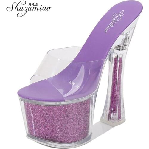 Shuzumiao Shoes Woman Stripper Heels Slippers Women Sandals Shoes Summer Transparent High Heels17cm Platform Sexy Party Shoes
