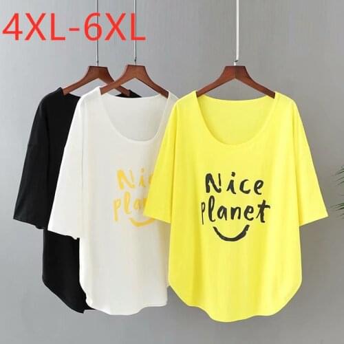 New 2021 Ladies Summer Plus Size Top For Women Large Short Sleeve Loose Cotton Yellow White Print O-neck T-Shirt 4XL 5XL 6XL