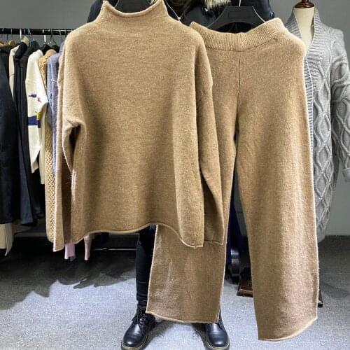 Woman sweaters cashmere blend 2 Piece tracksuit casual long sleeve pullover wide leg trousers set for girls