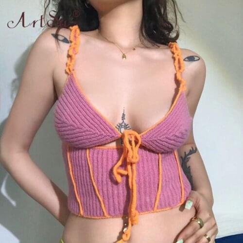 ArtSu Women Fashion Sleeveless Hollow Out Patchwork Knitted Tops Y2K E Girl V-Neck Lace Up Pink Crop Tops Summer Party