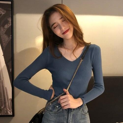 Autumn winter New Knitted Sweater Korean V neck solid color Slim long sleeves sweater Women sweet feminina bottoming shirt