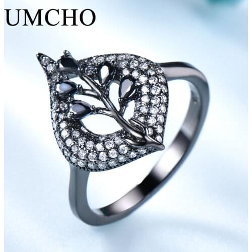 UMCHO Real S925 Sterling Silver Rings for Women Spinel Ring Black Gemstone Aquamarine Cushion Romantic Gift Engagement Jewelry
