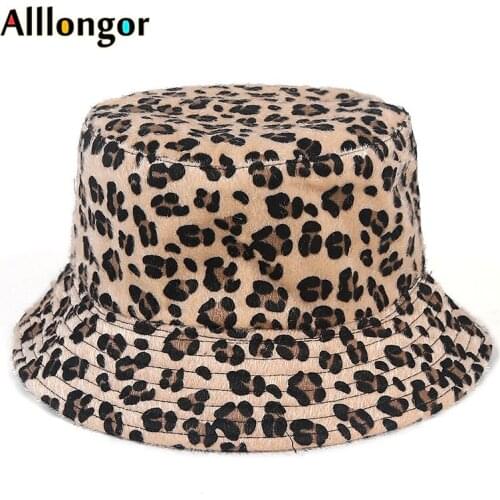 Winter Leopard Fluffy Bucket Hat Women Reversible Fur Buckethat 2020 New Warm Black fisherman hat Bob Chapeau Femme Fishing Cap