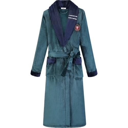 Winter Warm Men Home Clothing Nightwear Patchwork Long Robe Sleepwear Homewear Casual Flannel Bathrobe Gown Intimate Lingerie