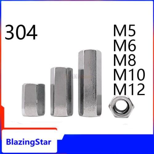 1/2/5pcs M5 M6 M8 M10 M12 A2-70 304 Stainless Steel DIN6334 Hexagon Hex Extend Long Rod Coupling Nut Connector Joint Tubular Nut