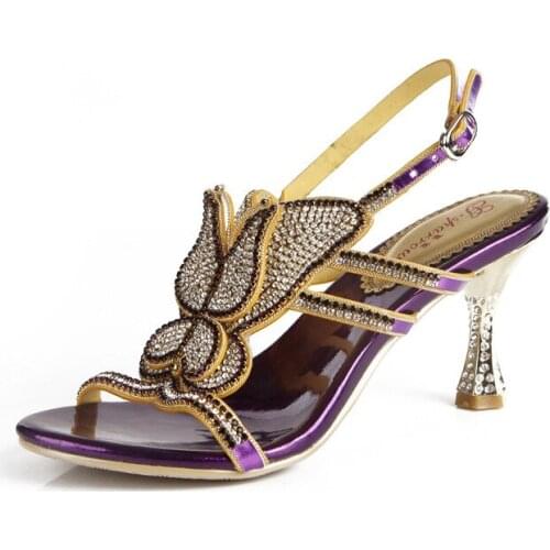 2018 Summer New Purple Female Sandals Diamond Luxury Sexy Flowers High Heels Evening Wedding Shoes 8cm