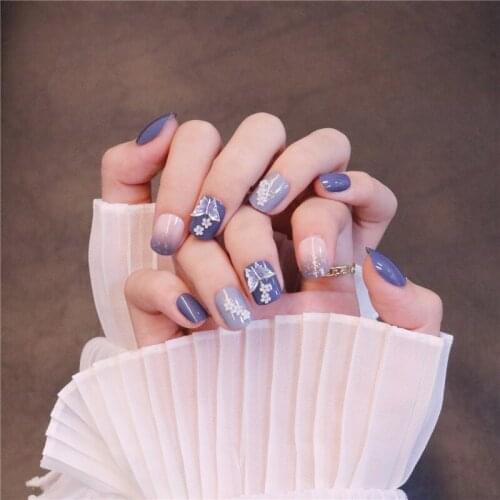 24pcs Blue Color Wear Small Paragraph Fashion Manicure Patch False Nails Save Time Wearable Nail Patch DL