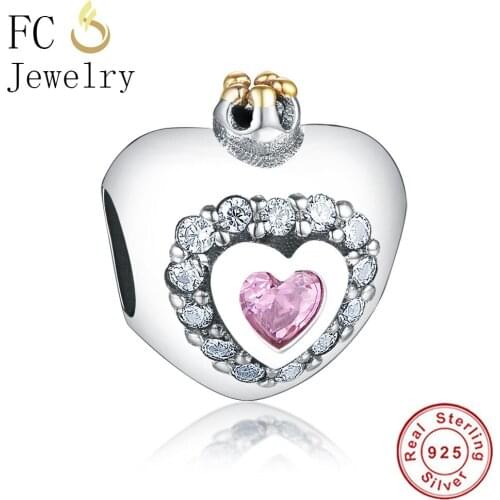 FC Jewelry Fit Original Brand Charm Bracelet 925 Silver Princess Crown Pink Zircon Stone Love Heart Beads For Making Berloque