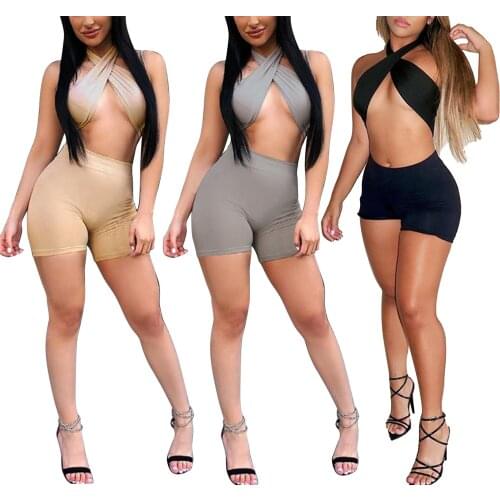 Sexy Womens Suit 2Pcs Summer Polyester Outfit Solid Color Halter Neck Backless Crop Tops High-Waist Shorts for Girls 3 Colors