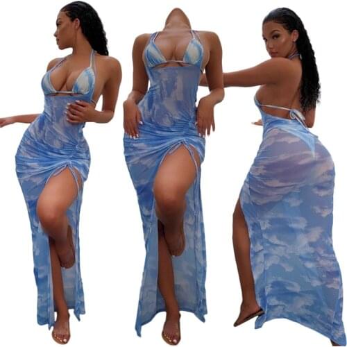 Swimsuit Women 3 Piece Set Summer Clothing Mesh dress printed beach sexy bikini Swimwear Beachwear Bathing Suits Wholesale Items