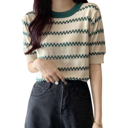 Summer Loose Thin Striped Round Neck Tshirt Short-sleeved Knitted Thin Shared Tee Womens Clothing