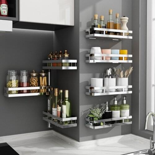 Stainless steel Multifunctional Side Storage Rack Kitchen Spice Rack Wall-mounted No Punching Rack Kitchen Accessories Organizer