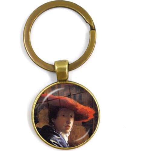 Fashion Bronze Color Punk Style Keychain Vermeer Oil Painting Girl Wearing Pearl 25mm Glass Cabochon Key Rings Women Men Gift