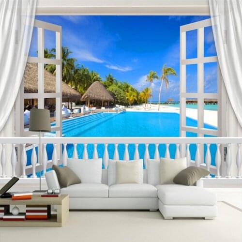 Custom Wall Mural Photo Wallpaper 3D Stereoscopic Window Maldives Landscape Murals Living Room TV Background Modern Painting