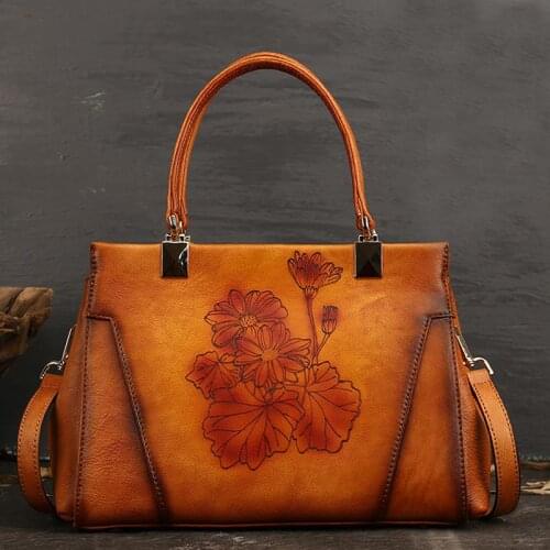 Luxury Handmade Floral Handbag 2021 Spring New Retro First Layer Cow Leather Women Bag Casual Tote Large Capacity Shoulder Bags