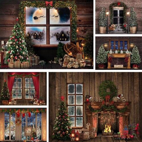 Christmas Window Wooden Floor Photography Backdrop Family Portrait Photocall Background Christmas Tree Fireplace Photo Studio