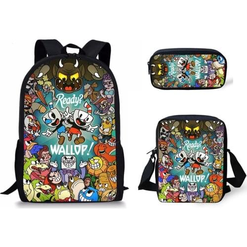 HALYUNASC 3PCs/Set Childrens School Backpack Cuphead Pattern Kids School Bags Cartoon Anime Design Teenagers Book-Bags Set