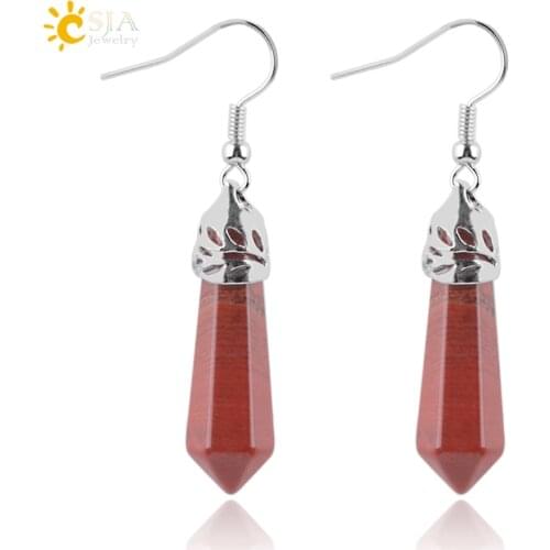 CSJA Hexagon Gem Stone Dangle Hook Earring Healing Raw Onyx Quartz Lazuli Tiger Eye Rhodonite Peacock Stone Women Jewelry E091