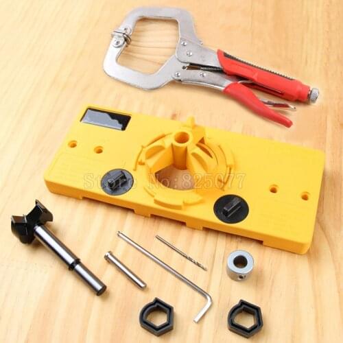 35mm Hinge Drilling Jig + 35mm Forstner Bit + 11" inch Face Clamp Locking C-Clamp Pliers JF1617