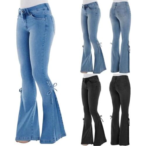 Vintage Denim Jeans Women High Waist Jeans Stretch Denim Flare Pants Trousers for Women Lace Up Bow Long Wide Leg Flare Jeans